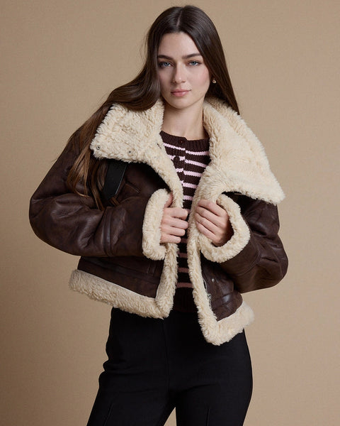 Vintage Faux Leather Sherpa Trim Aviator Jacket