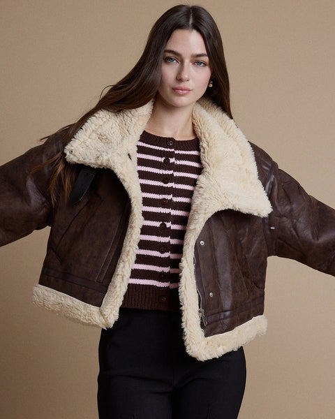 Vintage Faux Leather Sherpa Trim Aviator Jacket