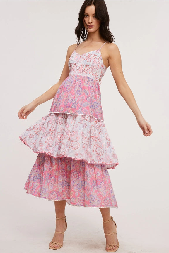 Vintage Paisley Tiered Maxi Dress-Dress-Ultramarine-S-WHITE PINK-Urbanheer