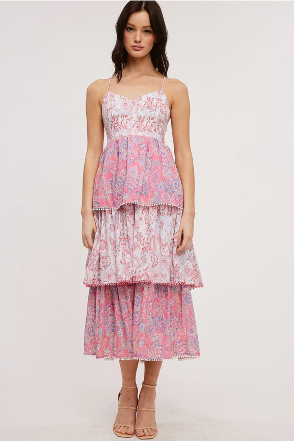 Vintage Paisley Tiered Maxi Dress-Dress-Ultramarine-S-WHITE PINK-Urbanheer