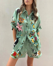 Vintage Print Shirt Shorts Casual Two-Piece Set-Set-Rosa Clothing-S-Green-Urbanheer