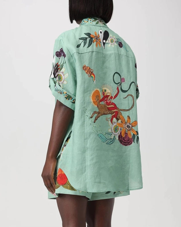 Vintage Print Shirt Shorts Casual Two-Piece Set-Set-Rosa Clothing-S-Green-Urbanheer