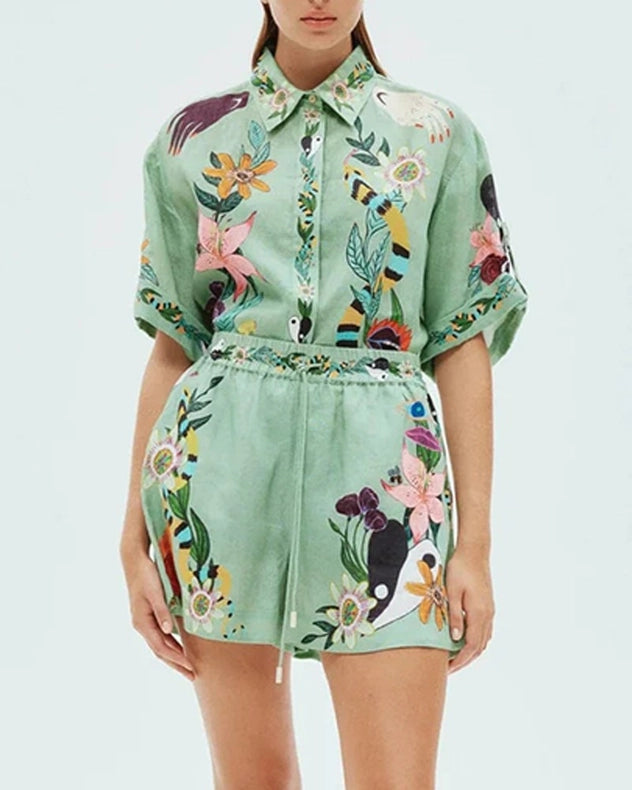 Vintage Print Shirt Shorts Casual Two-Piece Set-Set-Rosa Clothing-S-Green-Urbanheer