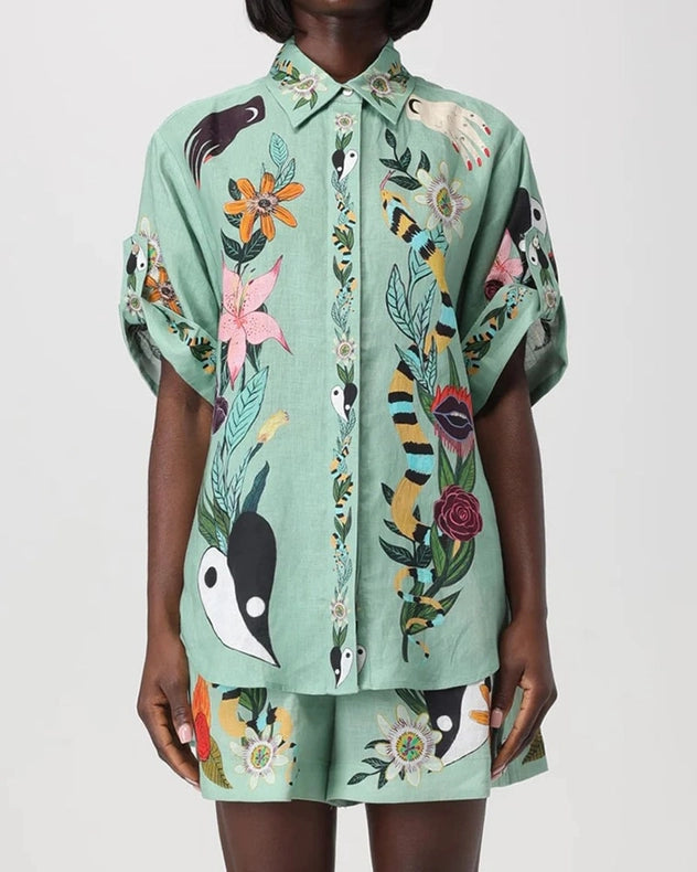 Vintage Print Shirt Shorts Casual Two-Piece Set-Set-Rosa Clothing-S-Green-Urbanheer