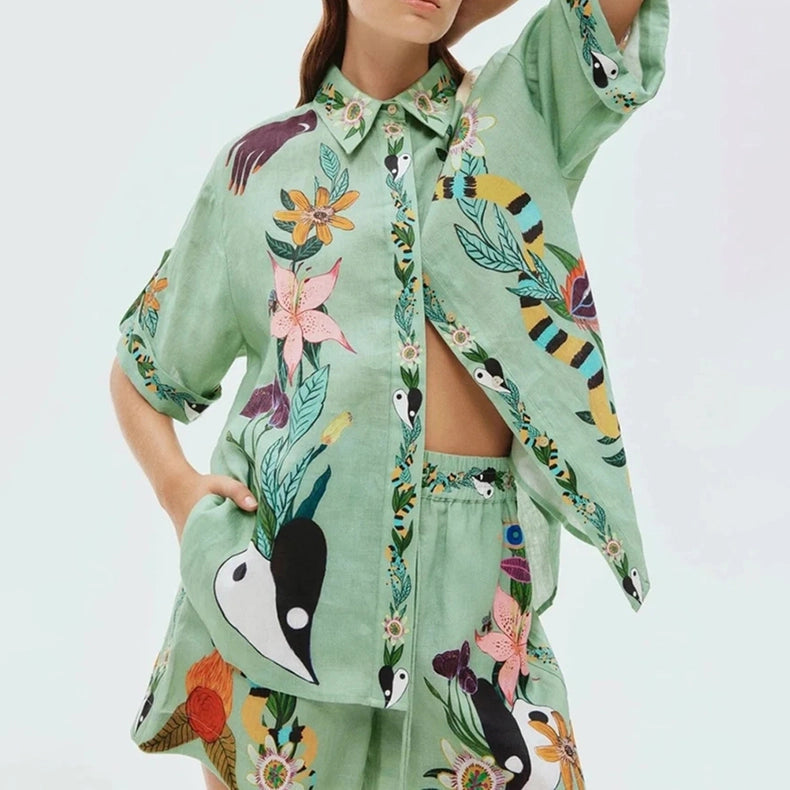 Vintage Print Shirt Shorts Casual Two-Piece Set-Set-Rosa Clothing-S-Green-Urbanheer