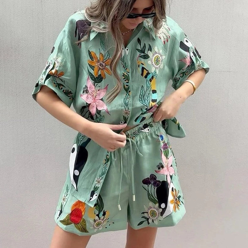 Vintage Print Shirt Shorts Casual Two-Piece Set-Set-Rosa Clothing-S-Green-Urbanheer