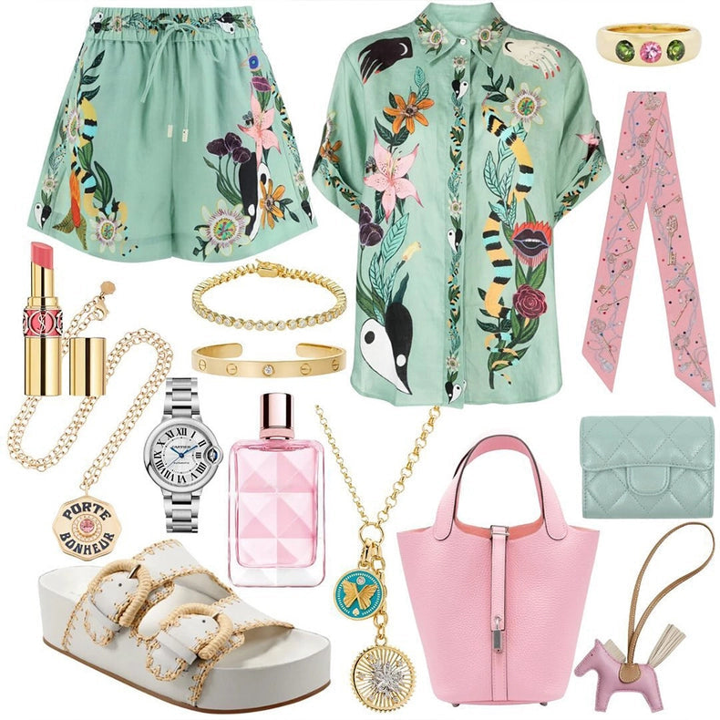 Vintage Print Shirt Shorts Casual Two-Piece Set-Set-Rosa Clothing-S-Green-Urbanheer