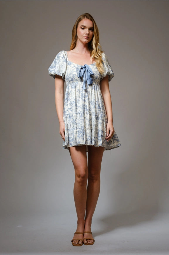 Vintage Print Smocked Mini Dress-Dress-Blue B-S-BLUE-Urbanheer