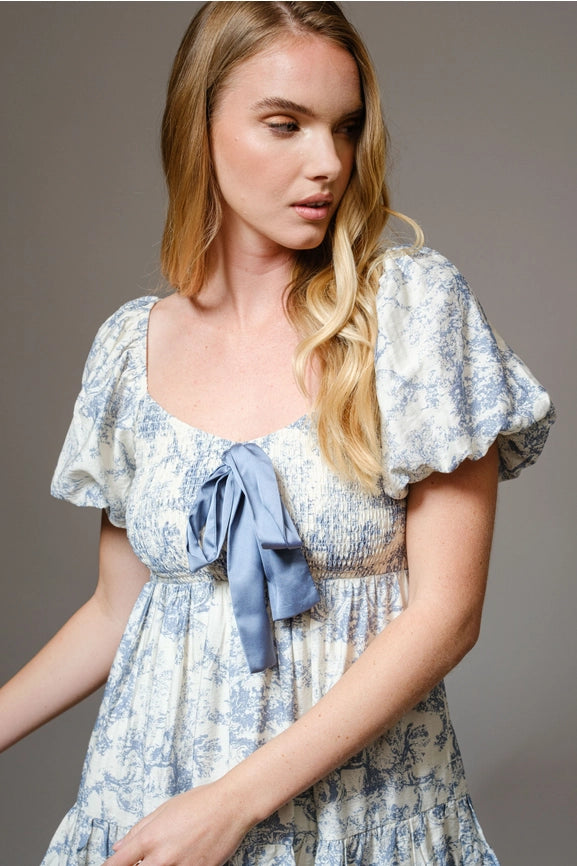 Vintage Print Smocked Mini Dress-Dress-Blue B-S-BLUE-Urbanheer