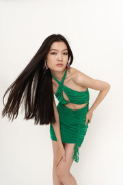 Viola Green Gathered Mini Bodycon Dress-Bodycon Dresses-Buy Me Fur Ltd-Green-S-Polyester - Elastane Blend-Urbanheer