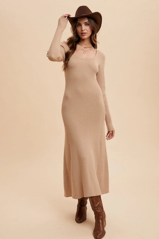Viscose Blend Knitted Maxi Sweater Dress ALMOND-Dress-In Loom-S-Urbanheer