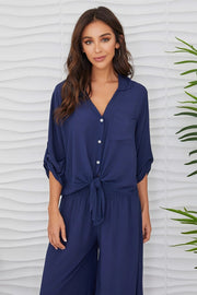 Viscose Front Tie Button Down Shirts-Shirts-MILIO MILANO-XS-CRUB-Urbanheer