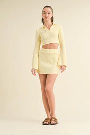 Waffle Knit Bell Sleeve Top And Skirt Set Yellow-Set-Kimberly C-S-Urbanheer