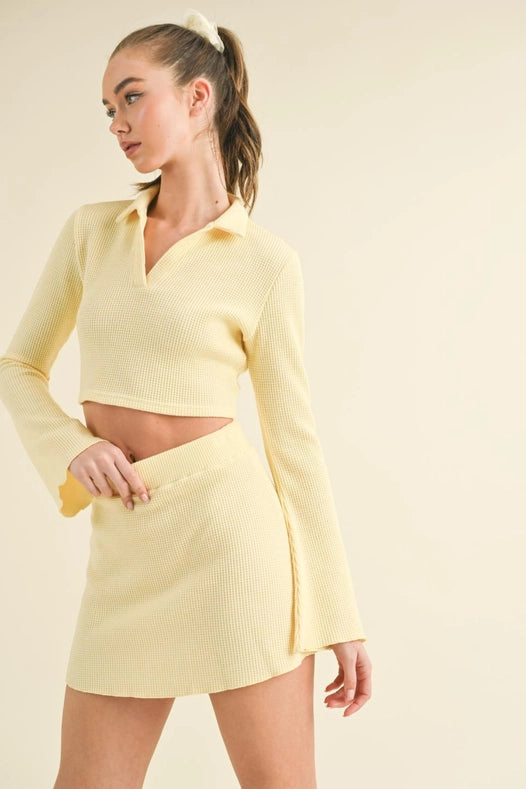 Waffle Knit Bell Sleeve Top and Skirt Set Yellow