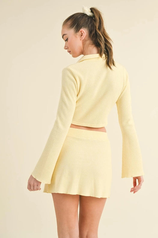 Waffle Knit Bell Sleeve Top And Skirt Set Yellow