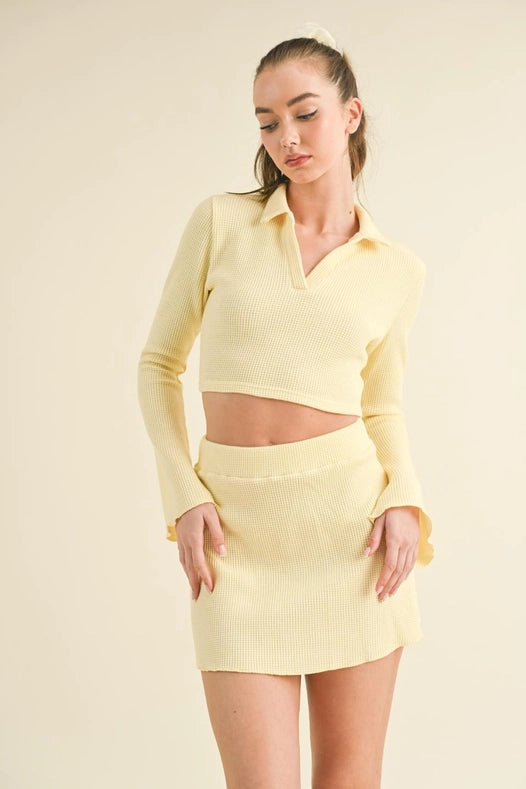 Waffle Knit Bell Sleeve Top And Skirt Set Yellow-Set-Kimberly C-S-Urbanheer