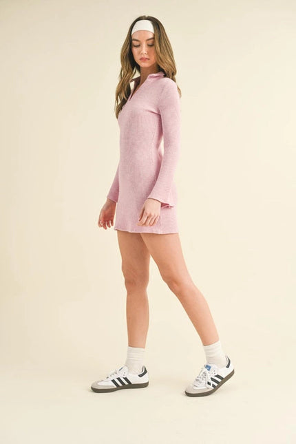 Waffle Knit Collared Bell Sleeve Dress Pink