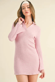 Waffle Knit Collared Bell Sleeve Dress Pink-Dress-Kimberly C-S-Urbanheer