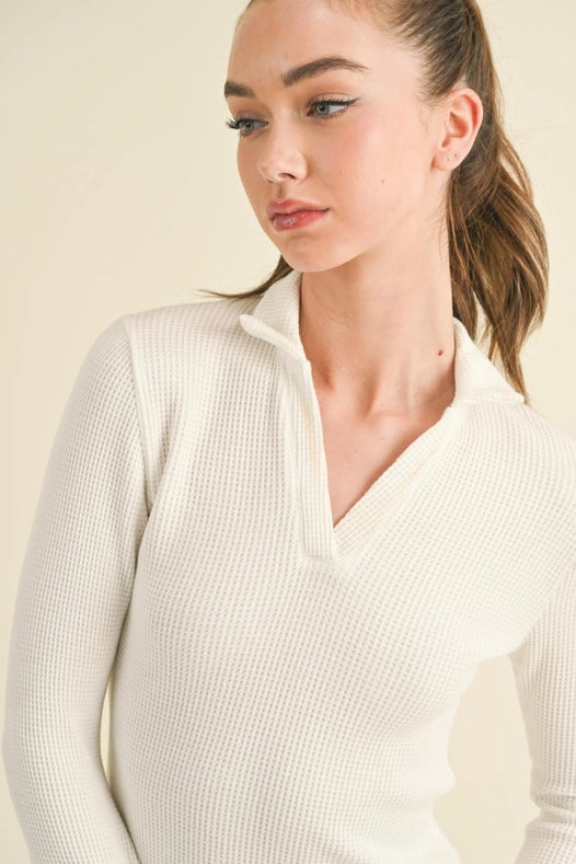 Waffle Knit Collared Bell Sleeve Dress White-Dress-Kimberly C-S-Urbanheer