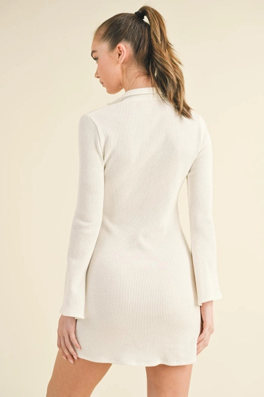 Waffle Knit Collared Bell Sleeve Dress White