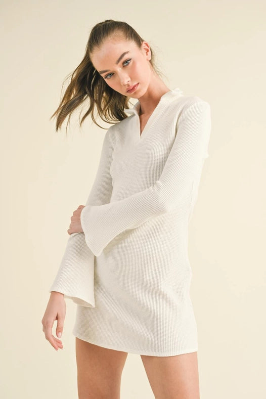 Waffle Knit Collared Bell Sleeve Dress White