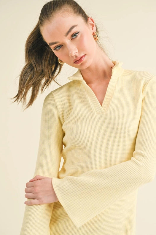 Waffle Knit Collared Bell Sleeve Dress Yellow