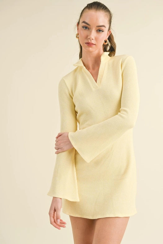 Waffle Knit Collared Bell Sleeve Dress Yellow