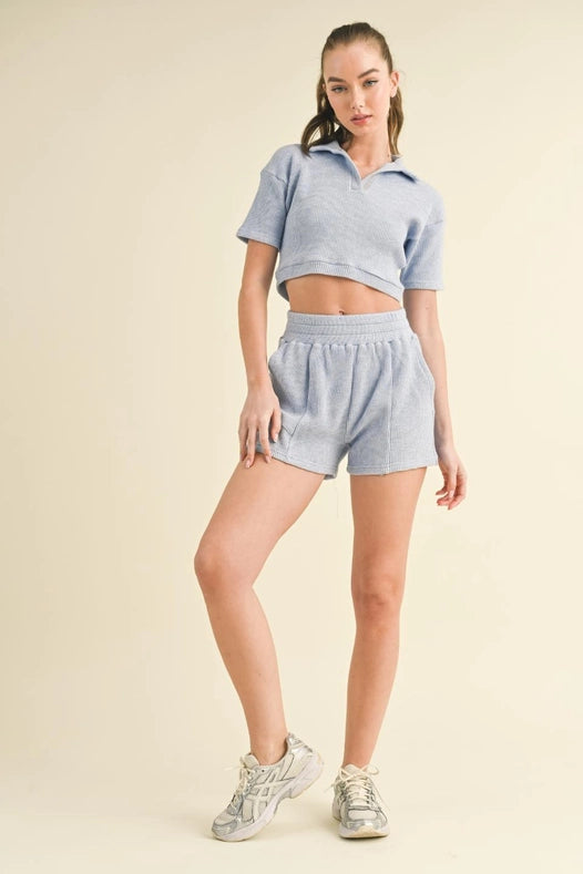 Waffle Knit Polo And Short Set Blue-Set-KIMBERLY C-S-Urbanheer