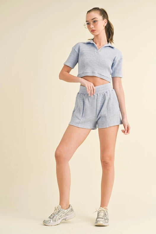 Waffle Knit Polo And Short Set Blue-Set-KIMBERLY C-S-Urbanheer