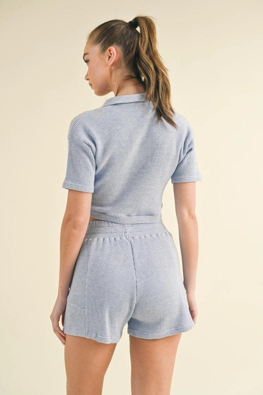 Waffle Knit Polo And Short Set Blue-Set-KIMBERLY C-S-Urbanheer