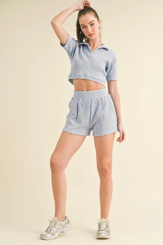 Waffle Knit Polo And Short Set Blue-Set-KIMBERLY C-S-Urbanheer