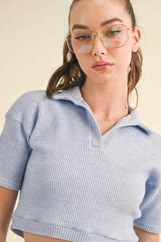 Waffle Knit Polo And Short Set Blue-Set-KIMBERLY C-S-Urbanheer