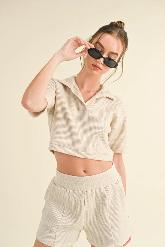 Waffle Knit Polo and Short Set Taupe