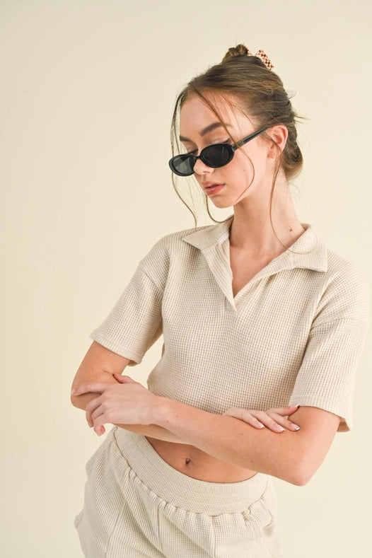 Waffle Knit Polo And Short Set Taupe-Set-KIMBERLY C-S-Urbanheer