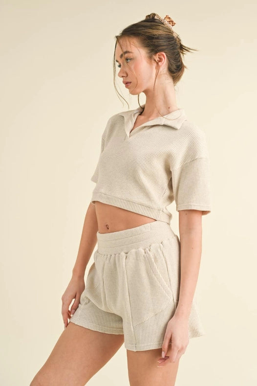Waffle Knit Polo And Short Set Taupe-Set-KIMBERLY C-S-Urbanheer