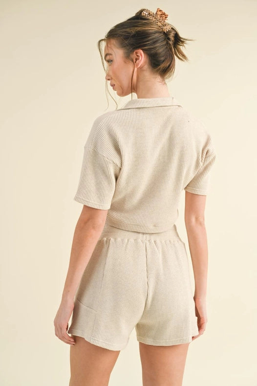 Waffle Knit Polo And Short Set Taupe-Set-KIMBERLY C-S-Urbanheer