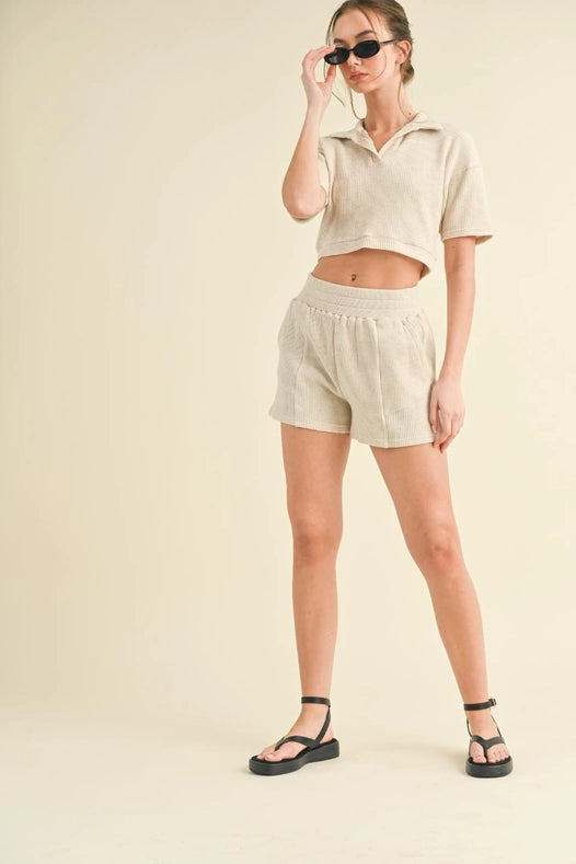 Waffle Knit Polo And Short Set Taupe-Set-KIMBERLY C-S-Urbanheer