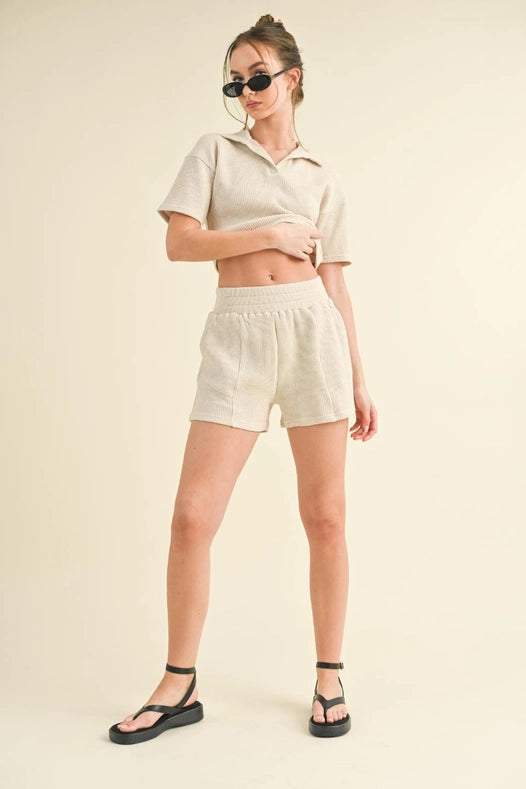 Waffle Knit Polo And Short Set Taupe-Set-KIMBERLY C-S-Urbanheer