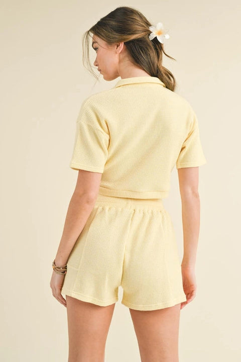 Waffle Knit Polo And Short Set Yellow-Set-KIMBERLY C-S-Urbanheer