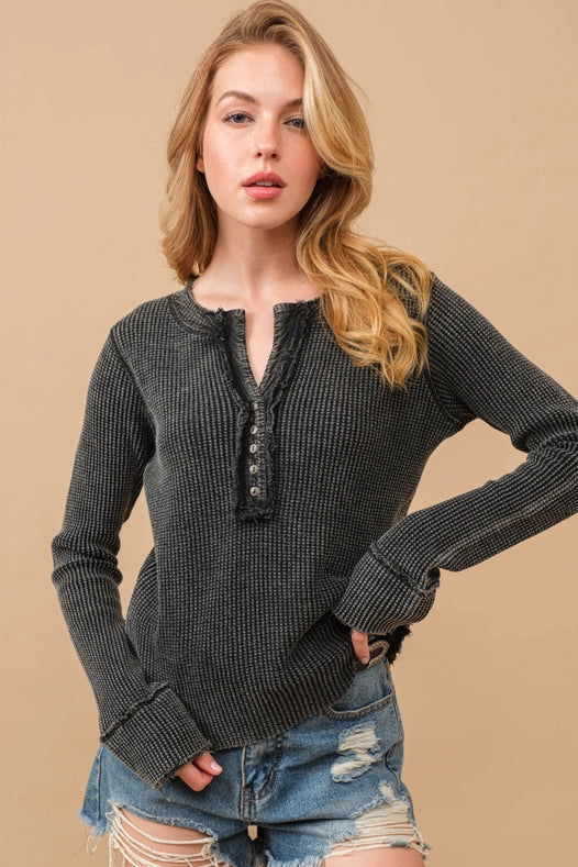 Waffle Vintage Garment Washed Button Up Top Charcoal-Top-Blue B-S-CHARCOAL-Urbanheer