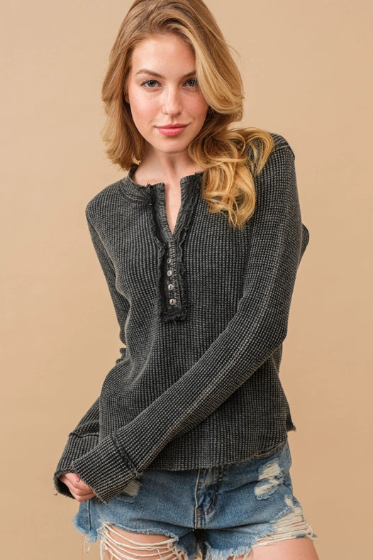 Waffle Vintage Garment Washed Button Up Top Charcoal-Top-Blue B-S-CHARCOAL-Urbanheer