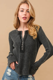 Waffle Vintage Garment Washed Button Up Top Charcoal-Top-Blue B-S-CHARCOAL-Urbanheer