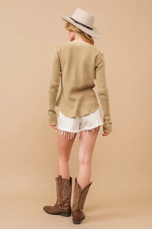 Waffle Vintage Garment Washed Button Up Top Khaki-Top-Blue B-S-KHAKI-Urbanheer