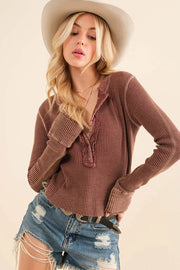 Waffle Vintage Garment Washed Button Up Top Russet Maroon-Top-Blue B-S-RUSSET MAROON-Urbanheer