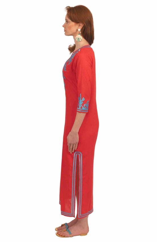 Wash / Wear Embroidered Caftan - the Reef Coral/Turq-Caftan-Gretchen Scott LLC-XS-Coral/Turq-Urbanheer