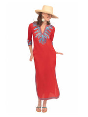 Wash / Wear Embroidered Caftan - the Reef Coral/Turq-Caftan-Gretchen Scott LLC-XS-Coral/Turq-Urbanheer