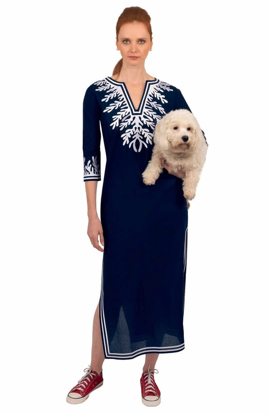 Wash / Wear Embroidered Caftan - the Reef Navy/White-Caftan-Gretchen Scott LLC-XS-Navy/White-Urbanheer