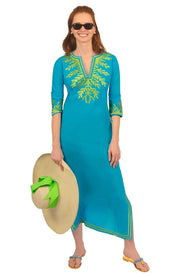 Wash / Wear Embroidered Caftan - the Reef Turq/Lime-Caftan-Gretchen Scott LLC-XXS-Turq/Lime-Urbanheer