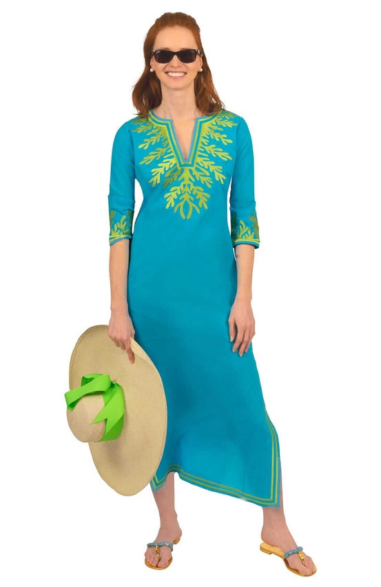Wash / Wear Embroidered Caftan - the Reef Turq/Lime-Caftan-Gretchen Scott LLC-XXS-Turq/Lime-Urbanheer