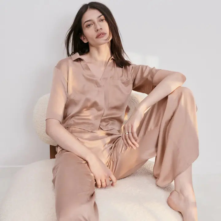 Washable Silk High Rise Pant Set Otium Tan-Set-LUNYA-L-Otium Tan-Urbanheer